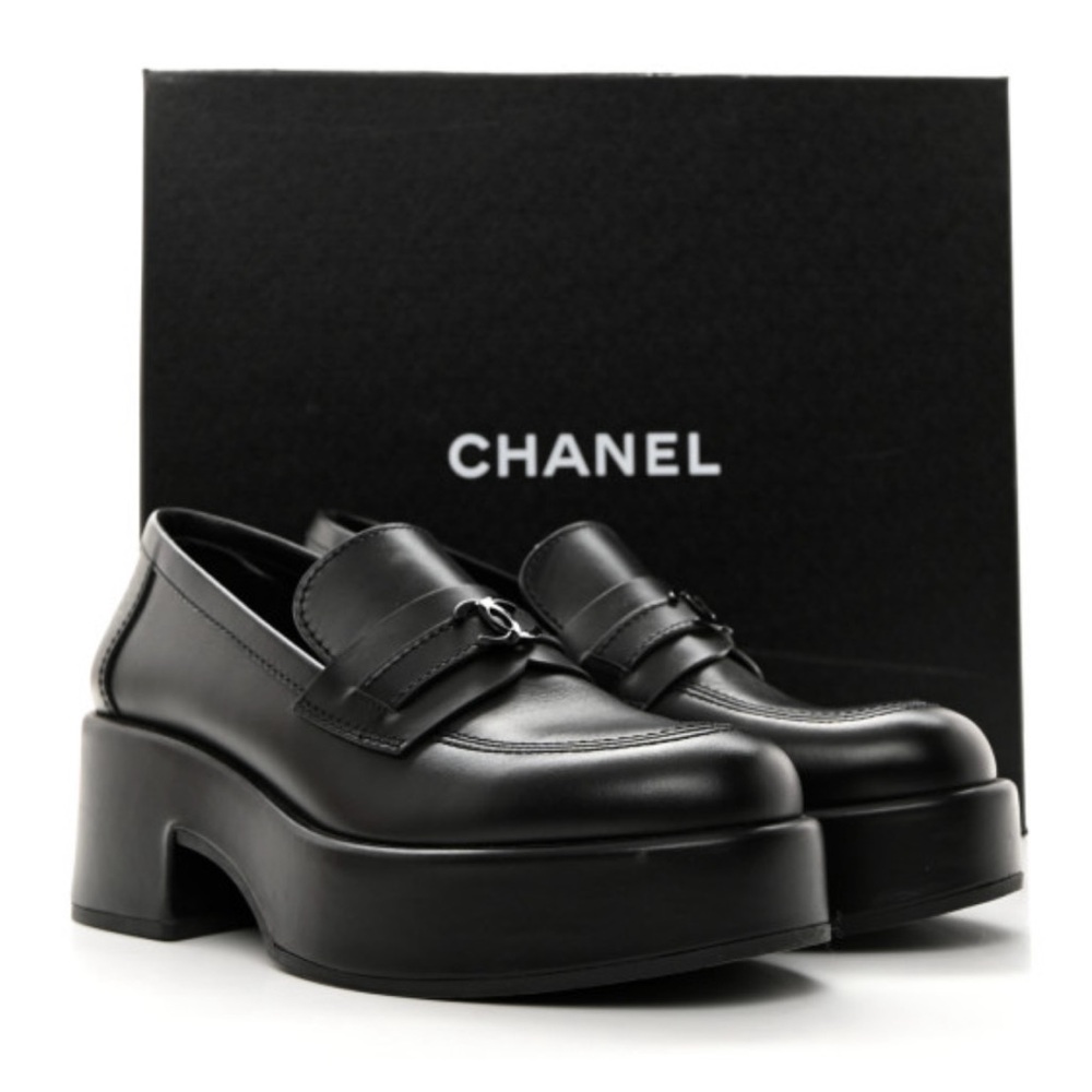 Chanel Black Platform Leather Loafers